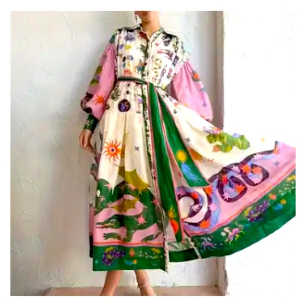 Abstract Print Long Dress, Long Sleeve Dress